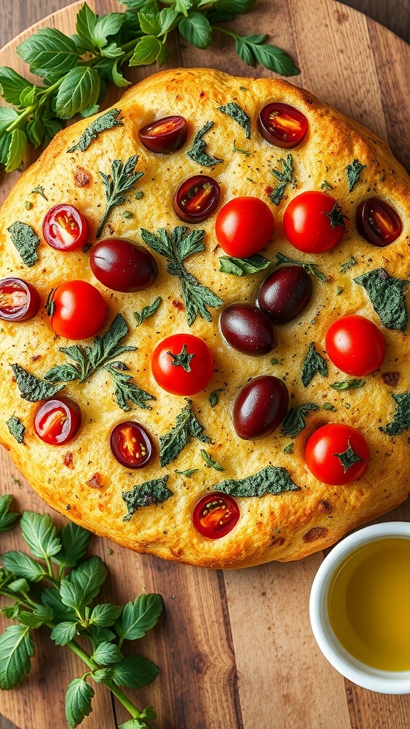 A decorative focaccia bread with herbs, tomatoes, and olives on a wooden board.